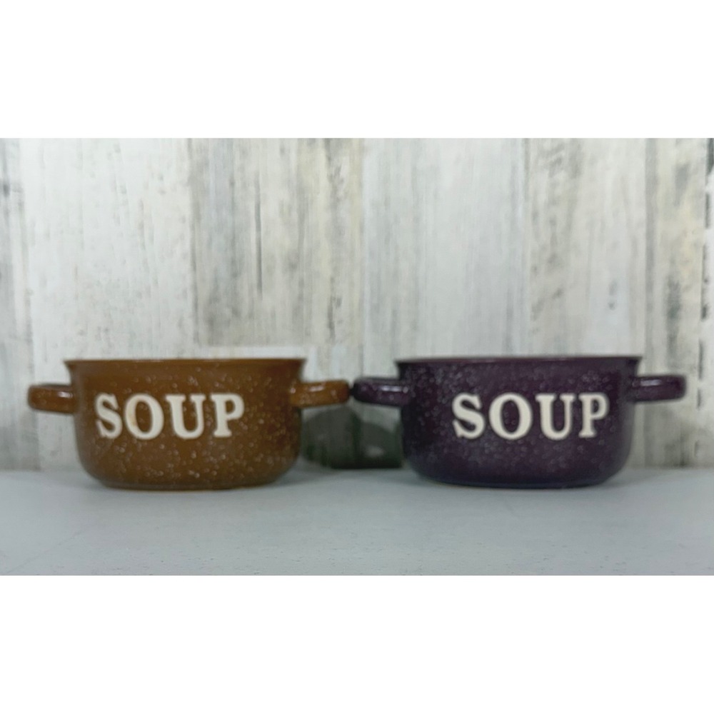 Walter Drake Soup Bowls‎ Set of 2 Brown Purple Speckled Ceramic Crocks Handles